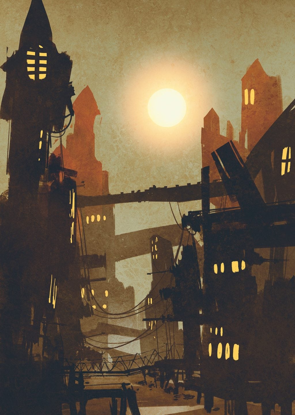 Steampunk Şehir Gün Batımında