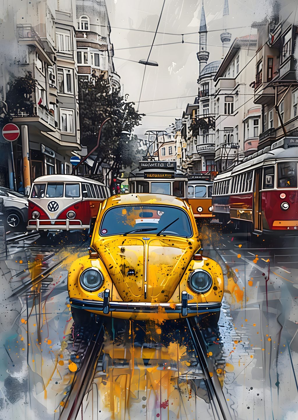 Sarı Volkswagen Beetle ve Tramvaylı Sokak