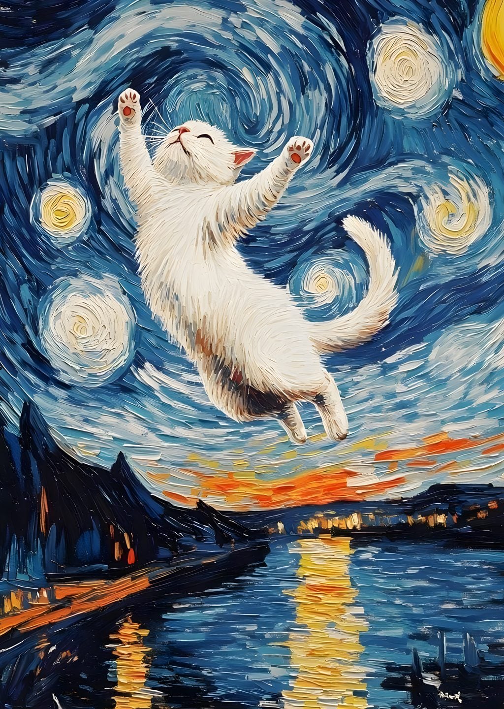 Vincent van Gogh Tarzında Uçan Beyaz Kedi