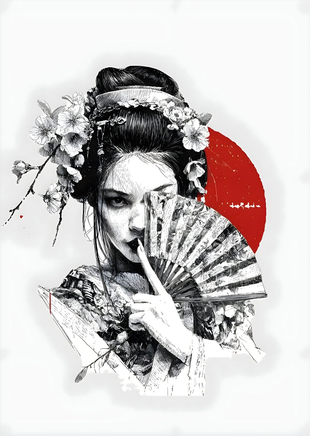 Geisha Portresi: Çiçekli Başlık ve Fan
