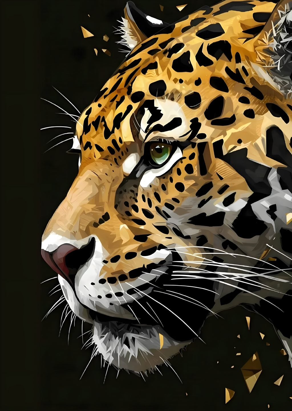 Leoparın Portresi: Siyah Arka Plan ve Altın Konfeti