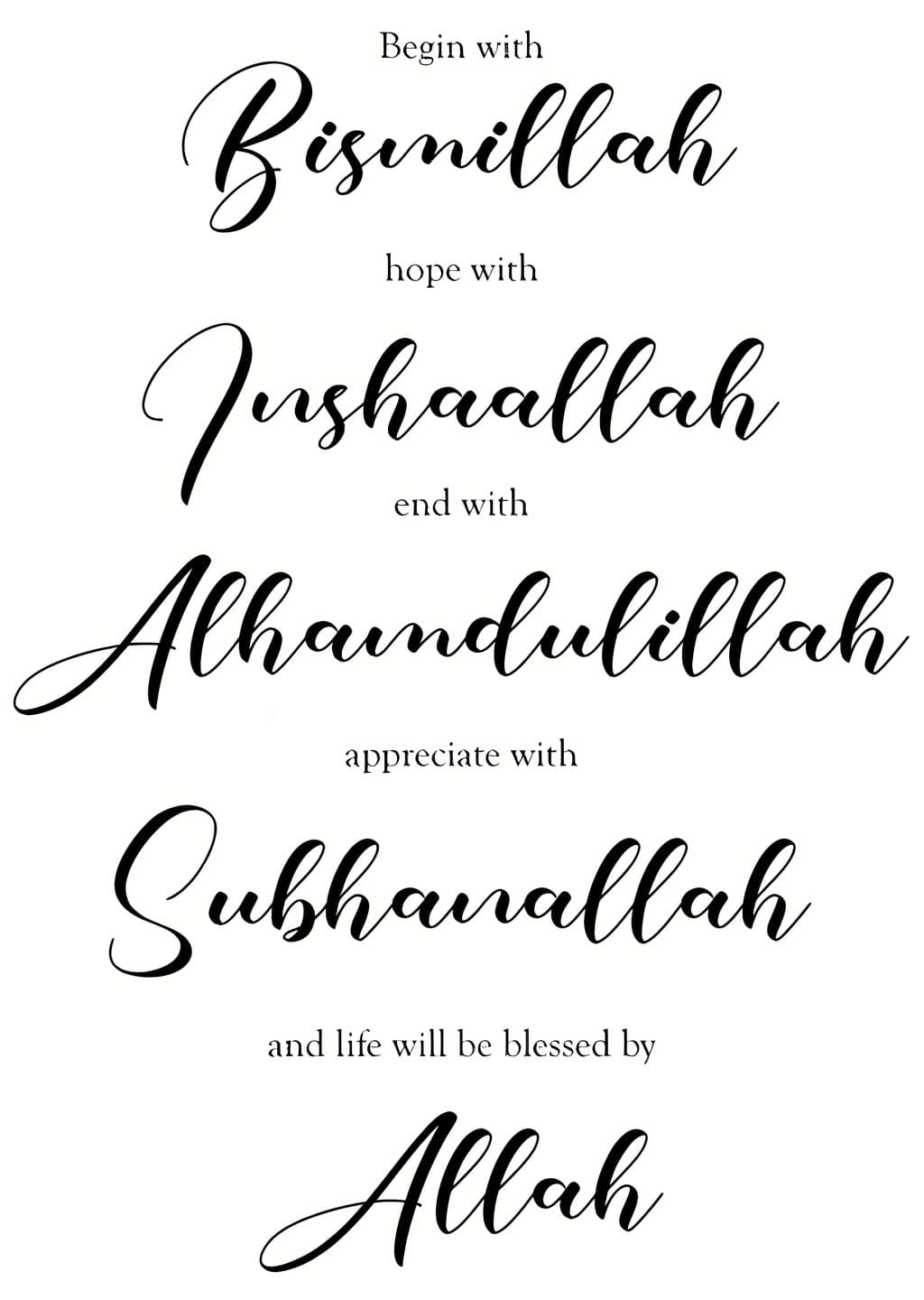 Bismillah, Inshaallah, Alhamdulillah, Subhanallah