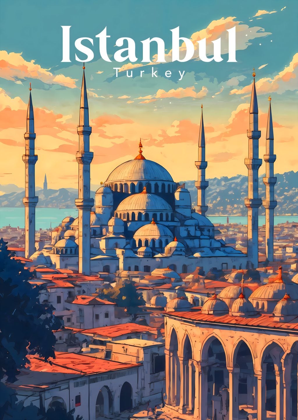 Blue Mosque at Golden Hour Retro Anime