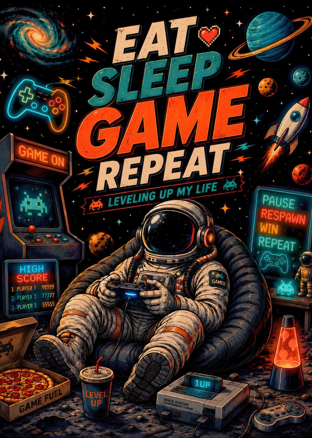Eat Sleep Game Repeat: Retro Astronaut Gamer