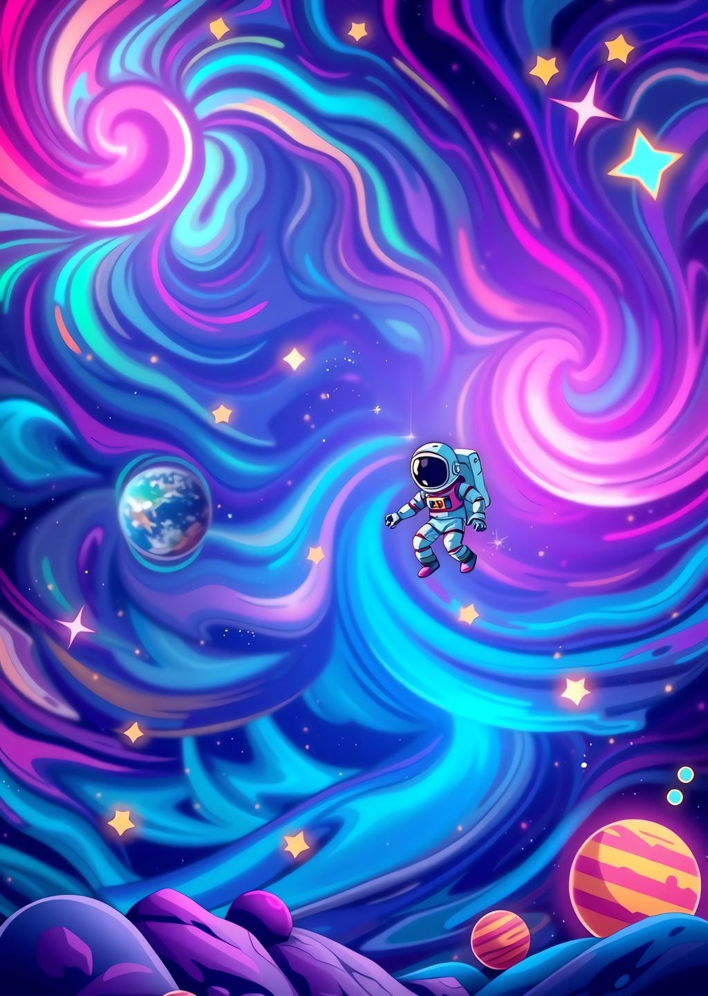 Uzayda Astronot: Renkli Galaksi Manzarası