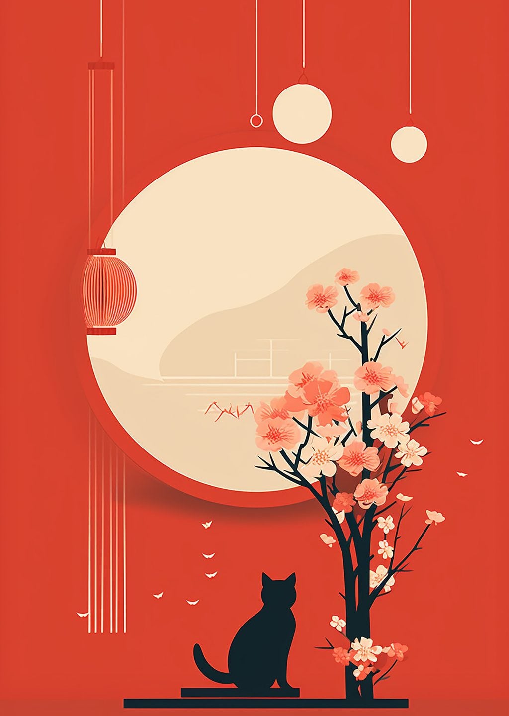 Minimalist Kedi ve Çiçekli Ağaç Tasarımı
