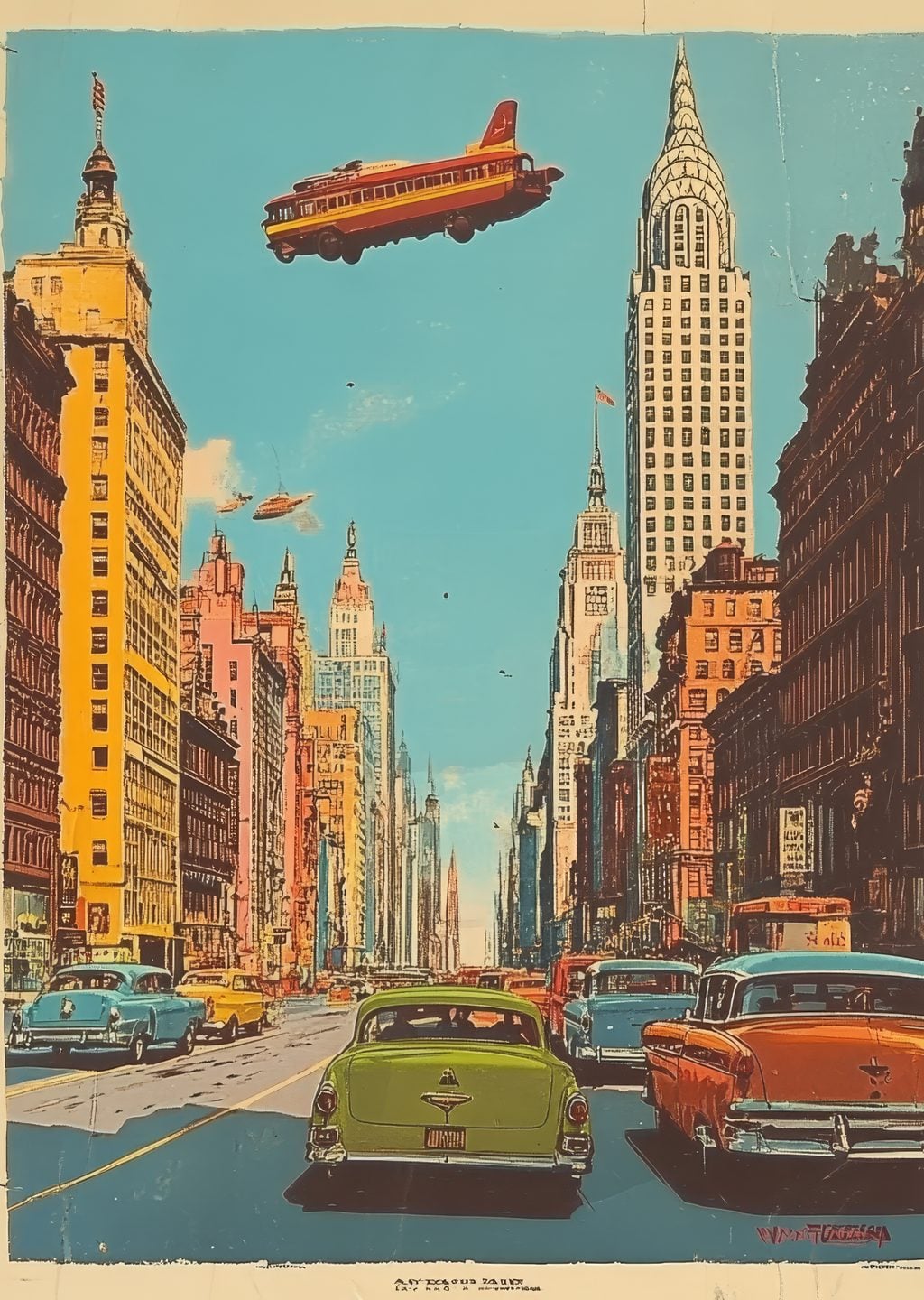 Retro Fütüristik New York: Uçan Otobüs ve Klasik Arabalar