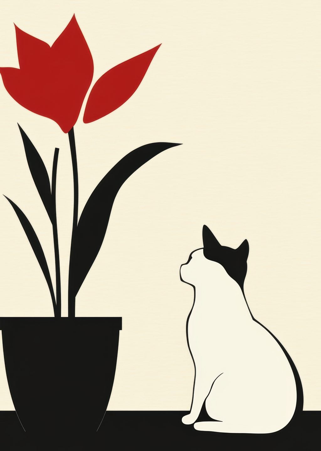 Minimalist Kedi ve Çiçek İllüstrasyonu