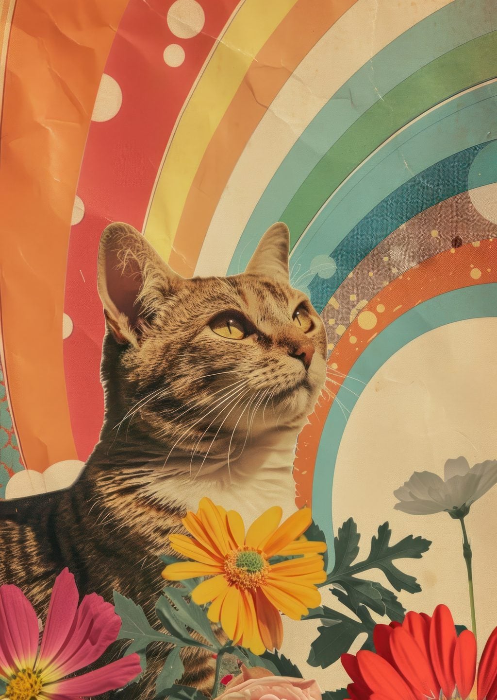 Renkli Çiçekler Arasında Kedi