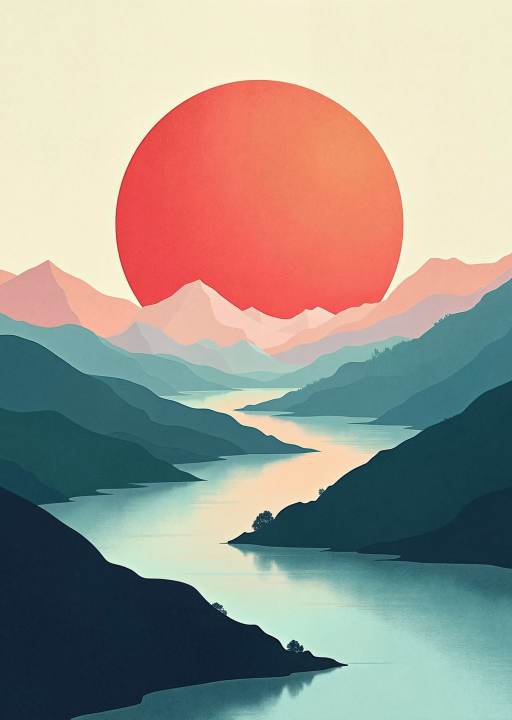 Minimalist Dağ Manzarası ve Güneş