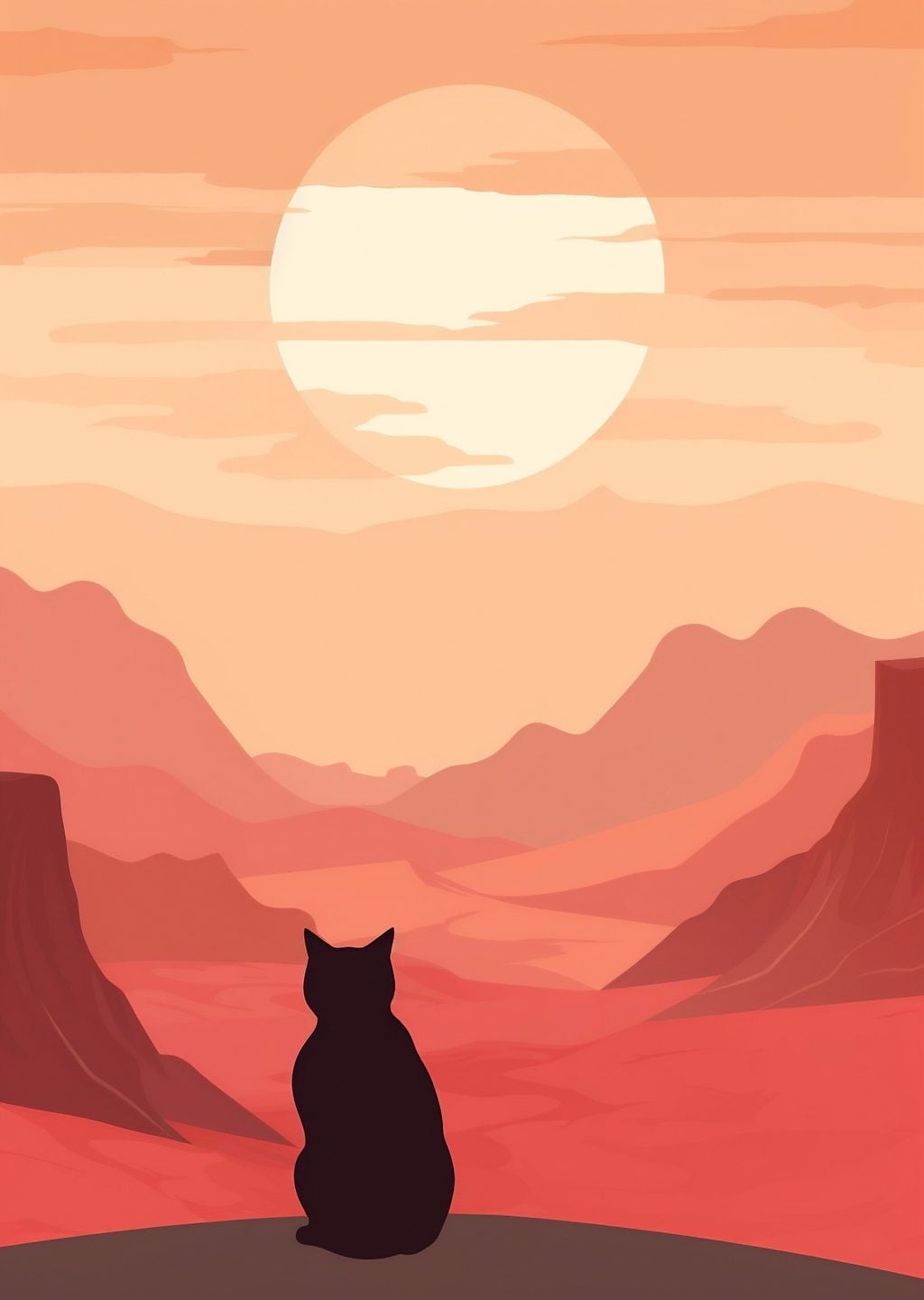Kedi ve Kırmızı Güneş Manzarası