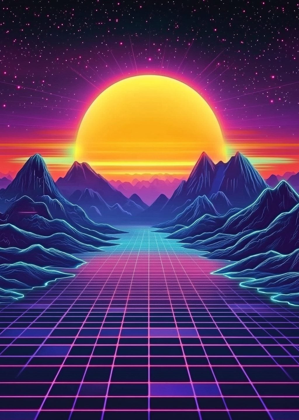 Retro Dağ Manzarası ve Güneş