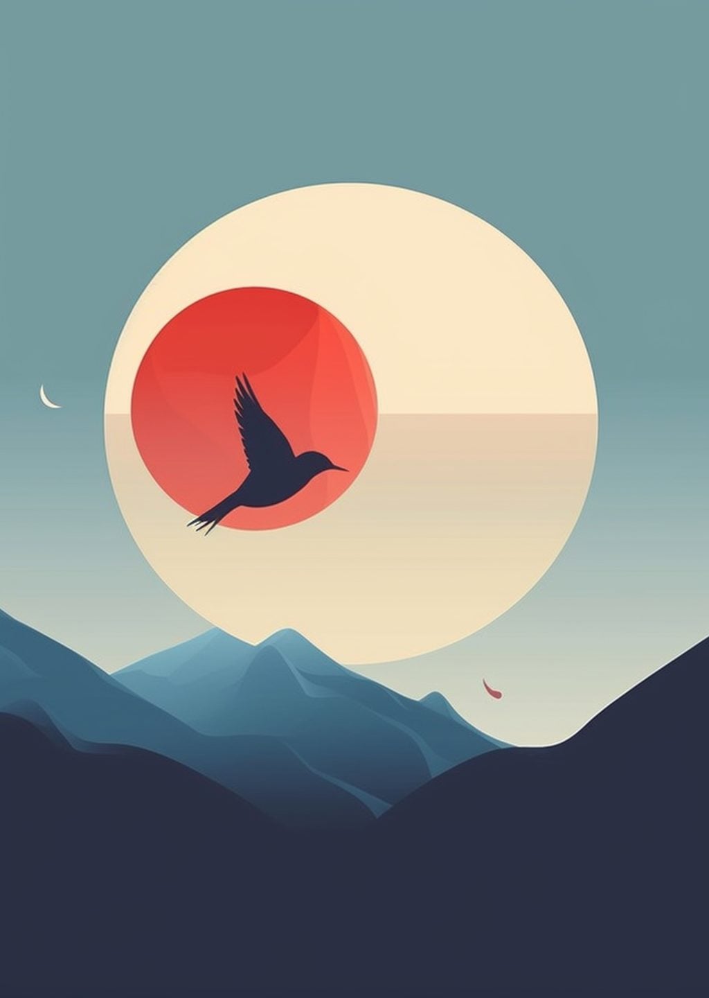 Minimalist Dağ Manzarası ve Kuş