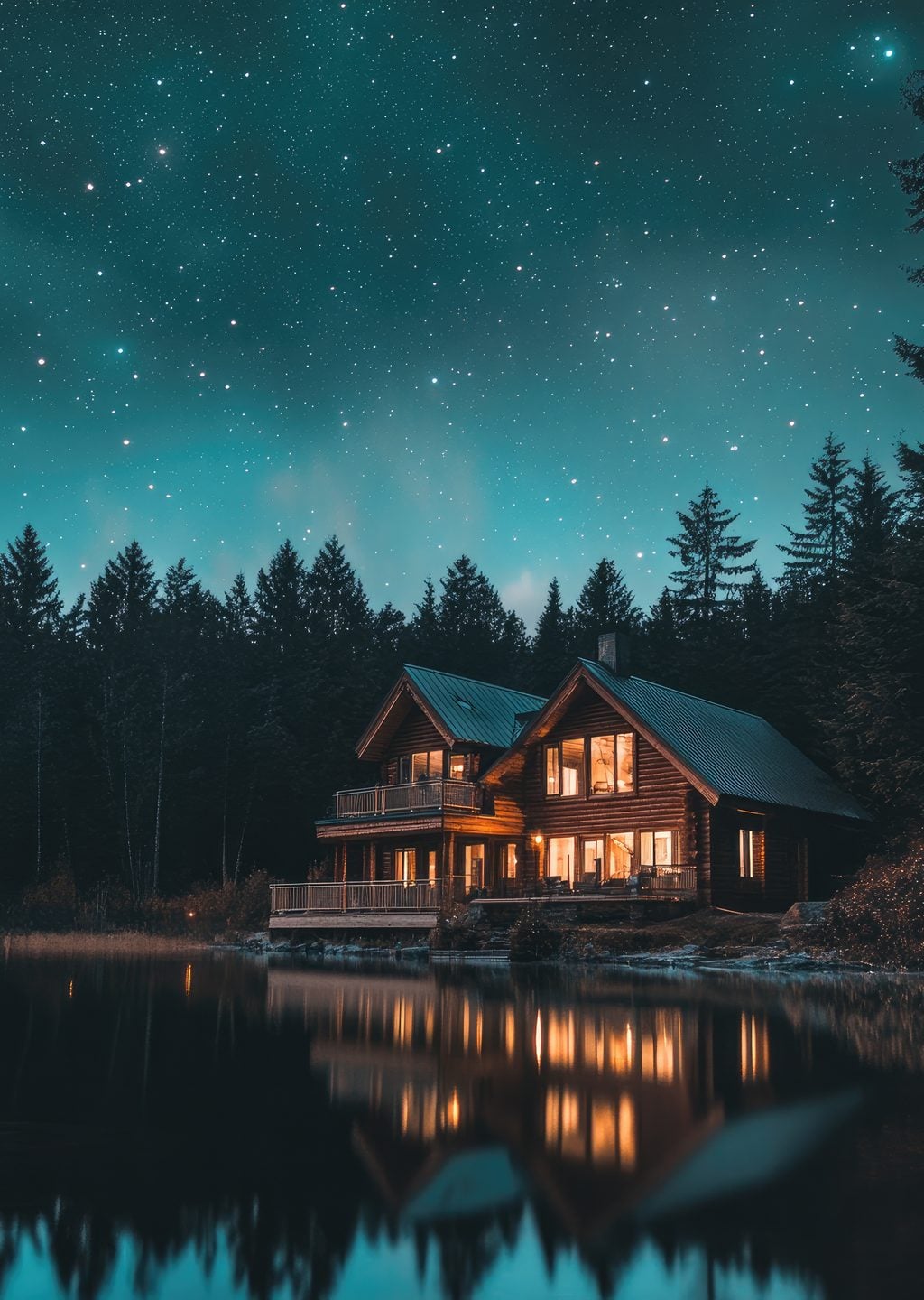 Göl Kenarındaki Ahşap Ev ve Yıldızlı Gece