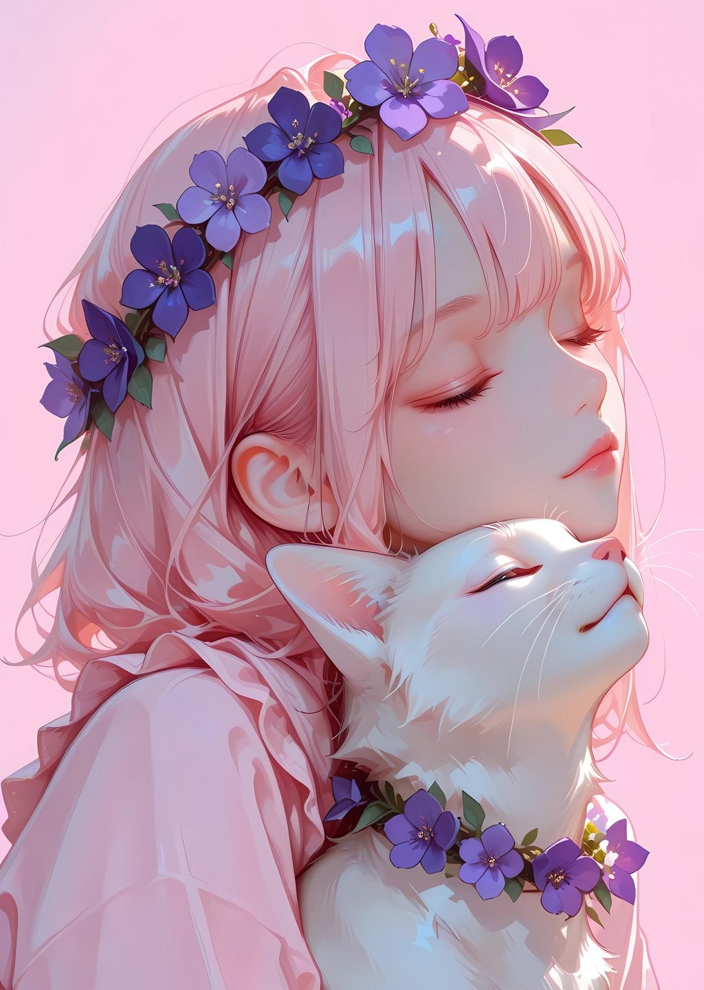 Kawaii Kız ve Beyaz Kedi İllüstrasyonu