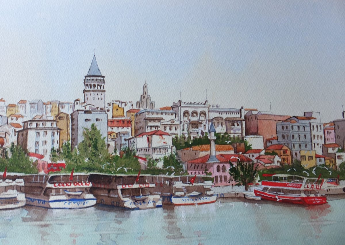 Galata Kulesi ve Tekneler Suluboya