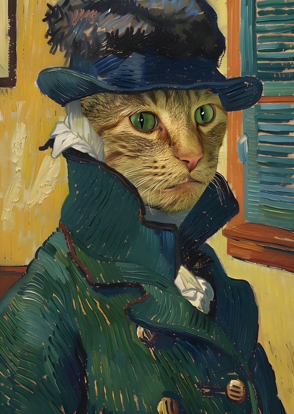 Vincent van Gogh Tarzı Şapkalı Kedi Portresi