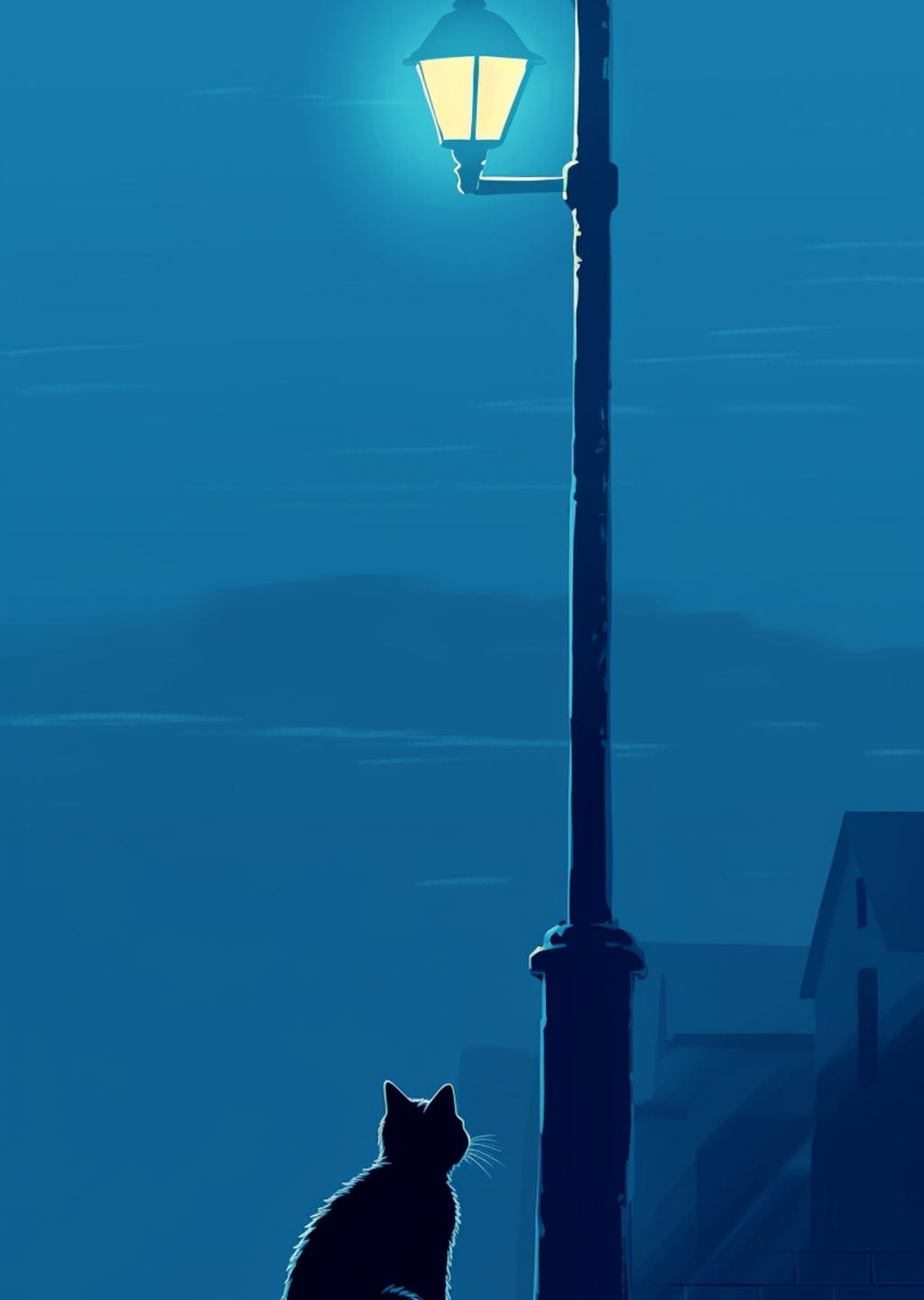 Gece Sokak Lambası ve Kedi Silueti