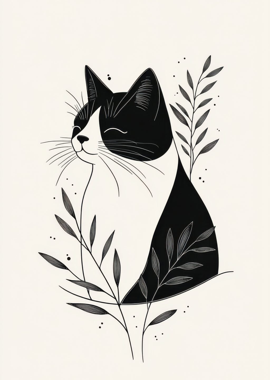 Minimalist Siyah Beyaz Kedi İllüstrasyonu