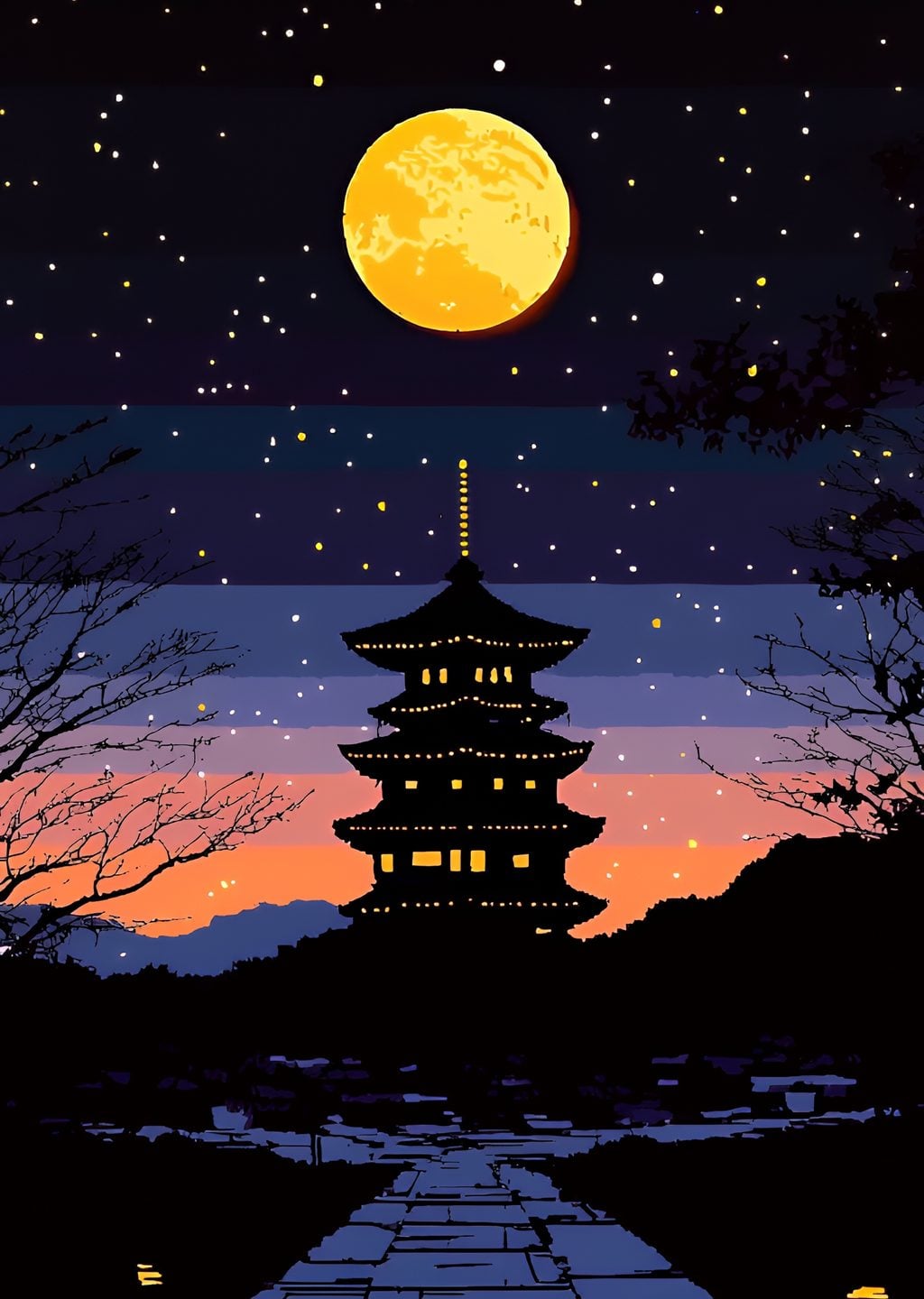 Gece Manzarası: Geleneksel Japon Pagodası
