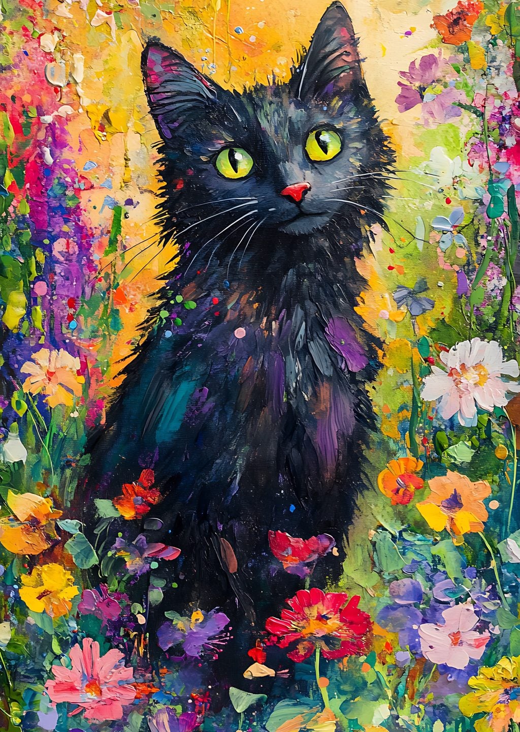 Renkli Çiçekler Arasında Siyah Kedi