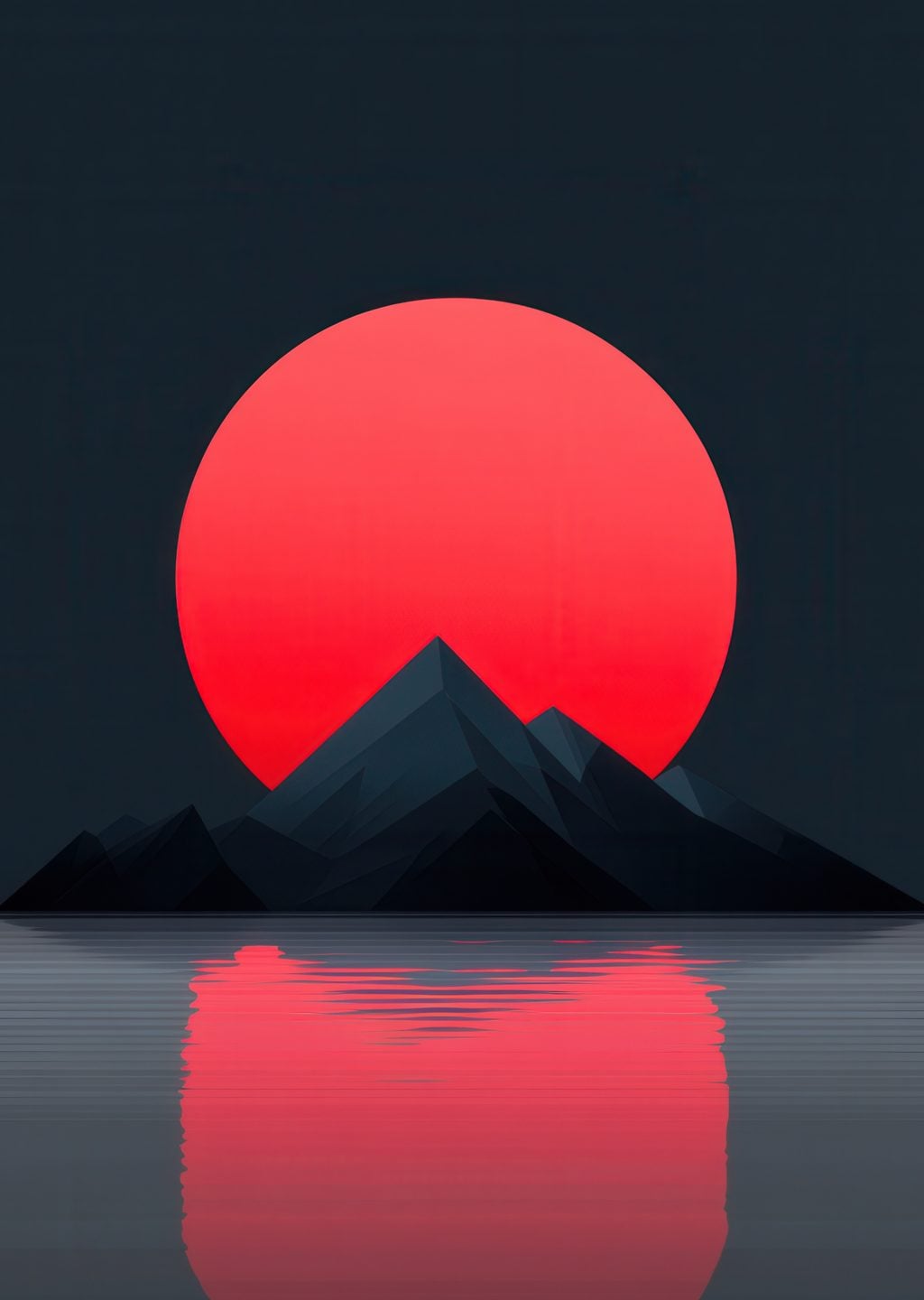 Minimalist Dağ Manzarası ve Kırmızı Güneş
