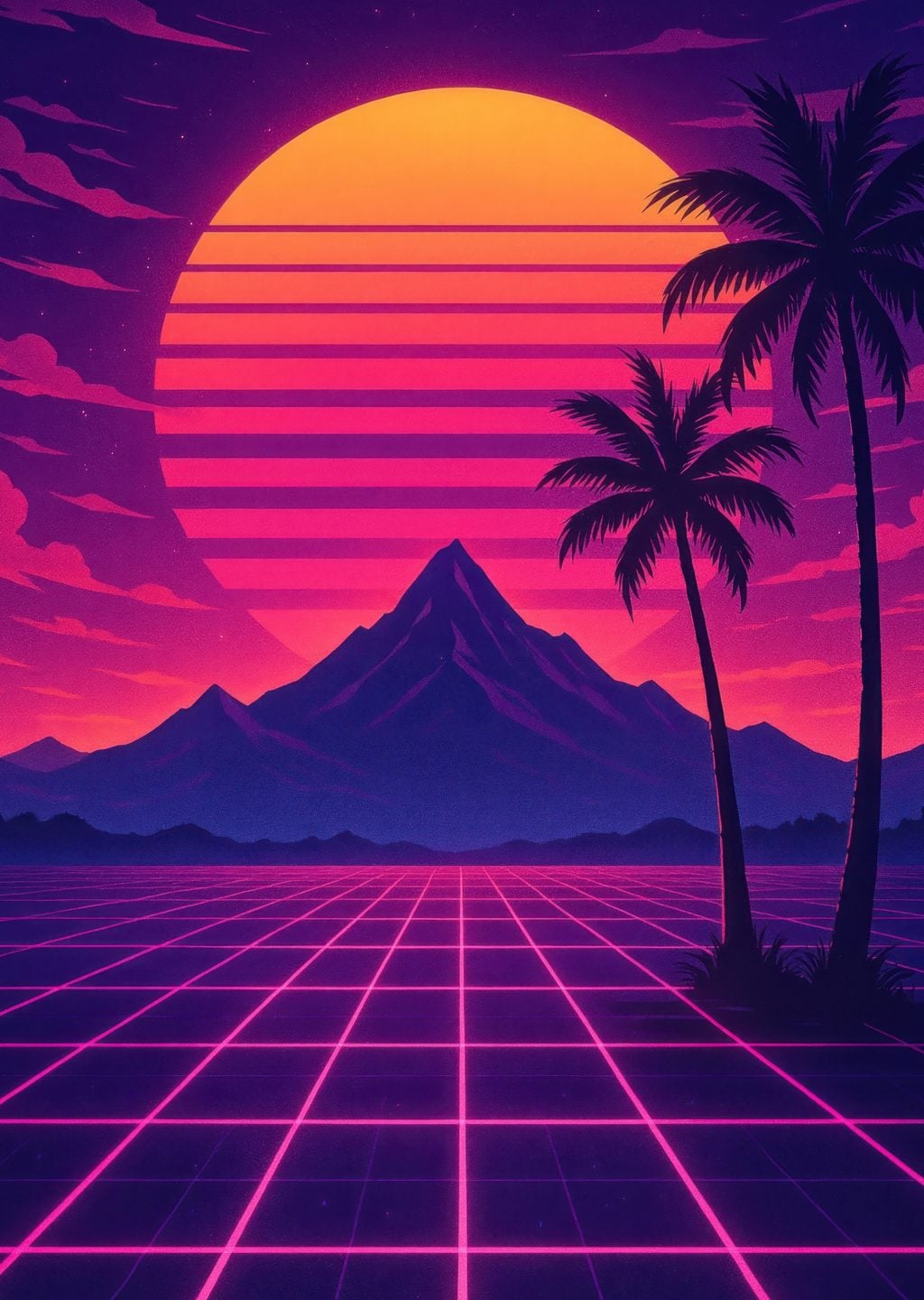 Retro Manzara: Neon Güneş ve Dağlar