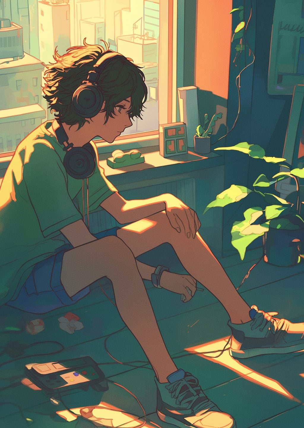 Pencerede Müzik Dinleyen Genç Anime Karakteri