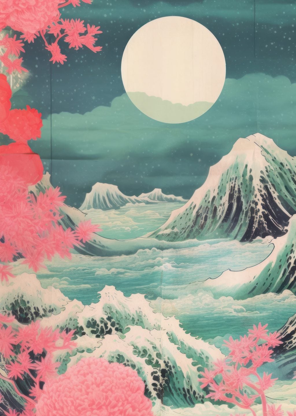 Japon Manzarası: Ay ve Dalgalı Okyanus