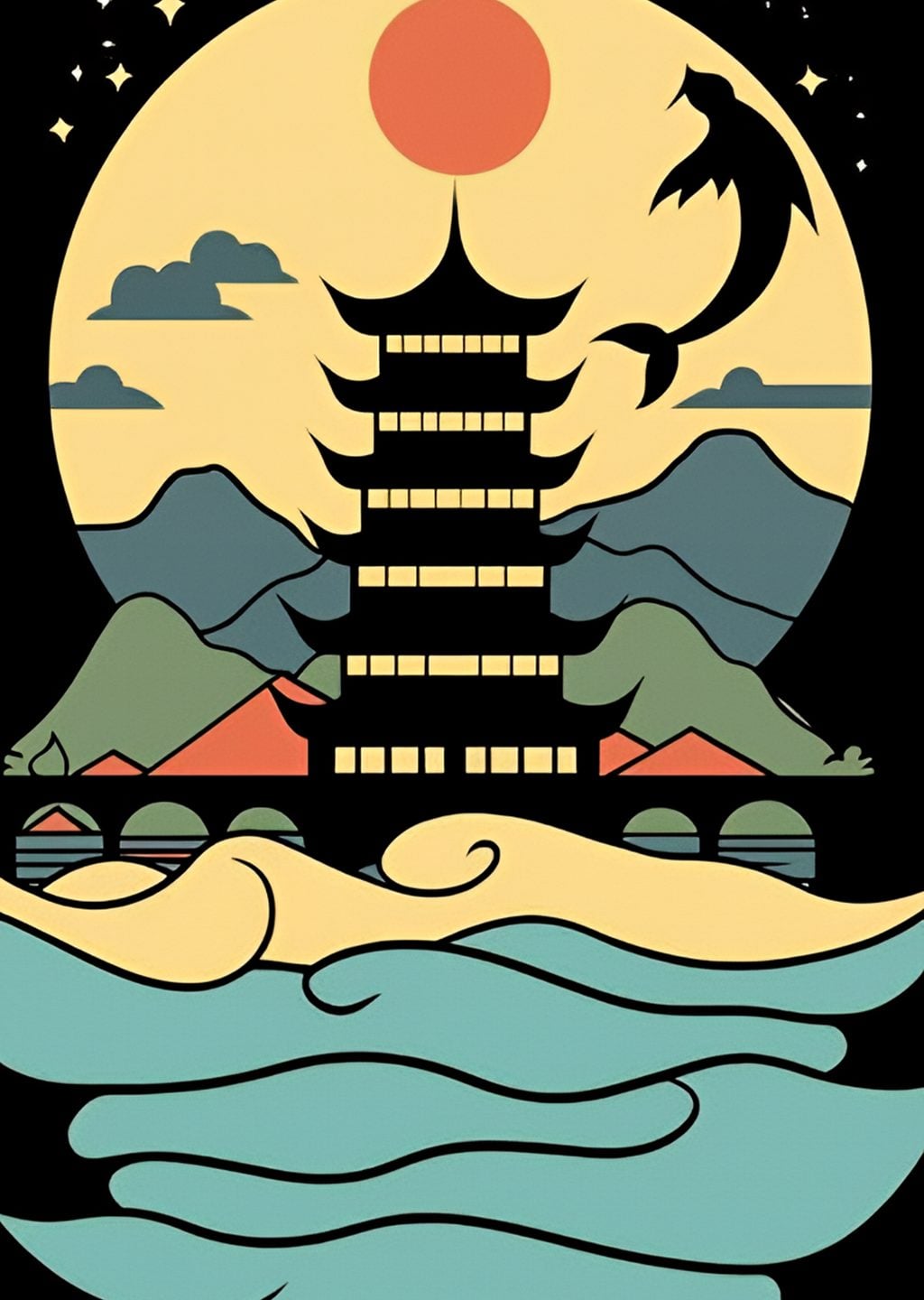 Japon Manzarası: Pagoda ve Deniz